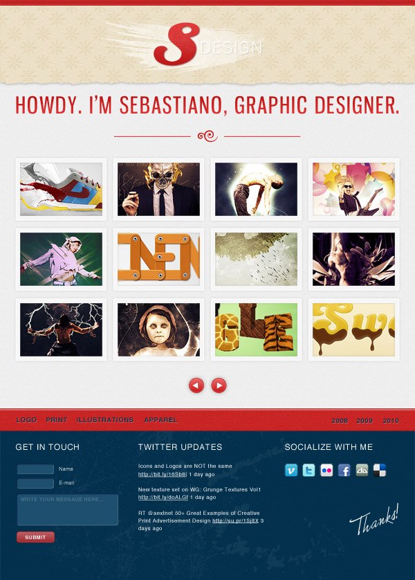 Screenshot of Sebastiano's graphic design website featuring a logo, a greeting, a grid of design work, navigation buttons for different years, contact information, Twitter updates, and social media links on a vintage textured background.