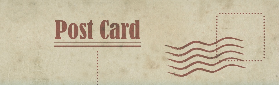 Vintage postcard design with 'Post Card' text, stamp outline, and postal marks on an aged paper texture background.