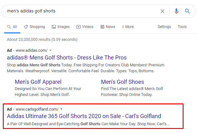 ppc ad carls golfland shorts example 1