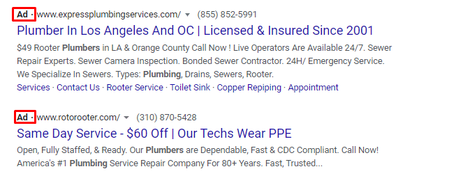 Two search engine ads for plumbing services. The first ad is for Express Plumbing Services offering licensed and insured plumbing in Los Angeles and Orange County with various services. The second ad is for Roto-Rooter, promoting same-day service with a discount and technicians wearing PPE.