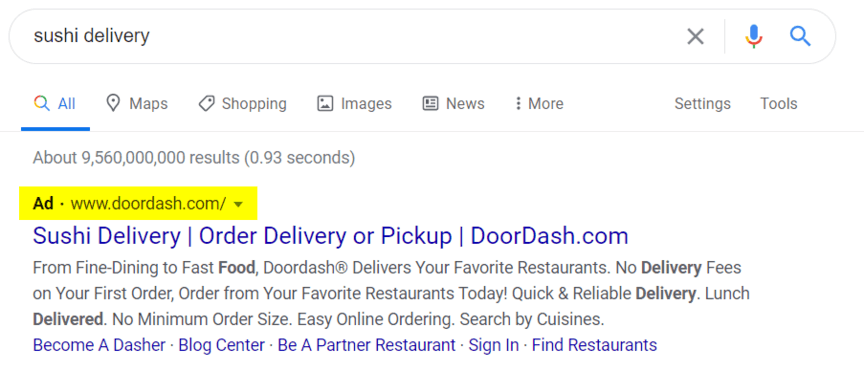 PPC ad example for food delivery