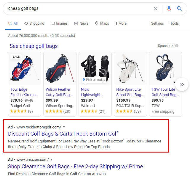 ppc ad golf bag example