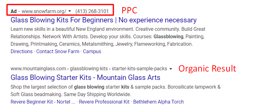 Screenshot of search engine results highlighting a PPC ad for Glass Blowing Kits at Snow Farm with a phone number and an organic search result for Glass Blowing Starter Kits from Mountain Glass Arts.