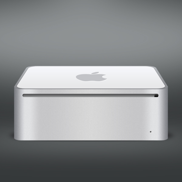 Silver Apple Mac mini computer with Apple logo on top and a disc drive slot on the front.