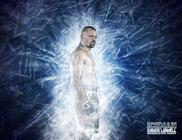 A shirtless man with a serious expression, wearing white shorts labeled 'ICEMAN,' stands against a stylized blue icy background. Text in the image attributes the design to Eric Vasquez.