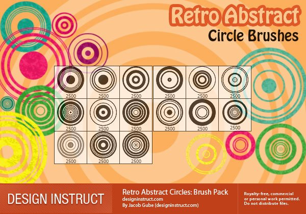 Promotional graphic for 'Retro Abstract Circle Brushes' featuring colorful abstract circles at the top and a row of brush design previews below, with credits to Jacob Gube and Design Instruct.