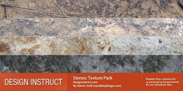 Banner for a Stones Texture Pack indicating royalty-free use for commercial or personal work, with a stone wall texture in the background and credit to the creator, Steven Snell.