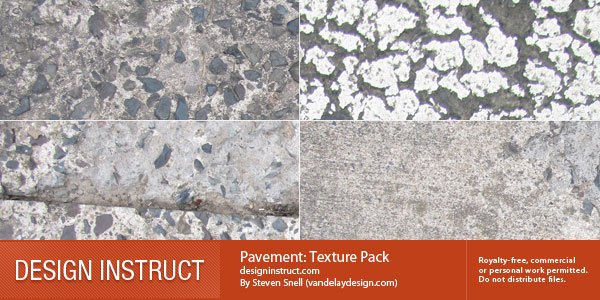 A collection of four pavement textures showing variations in pattern and color, including speckled granite and worn white-painted asphalt.