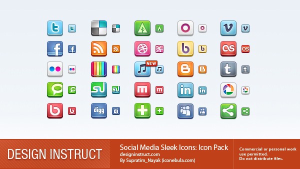 A collection of colorful social media and digital service icons arranged on a light background, with credit to DESIGN INSTRUCT and designer Supratim Nayak, noting the icons are for commercial or personal use but not for distribution.