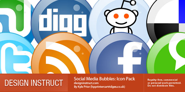 A collection of social media platform icons in glossy bubble circles, including Reddit and Facebook, for a 'Social Media Bubbles: Icon Pack' by Design Instruct and Kyle Prior.