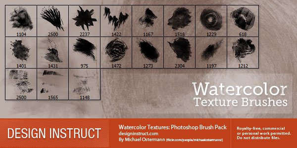 A promotional graphic for Watercolor Texture Brushes Photoshop Brush Pack by Michael Ostermann, featuring a grid of various watercolor brush stroke samples with numerical labels, and usage information indicating the brushes are royalty-free for commercial or personal use.