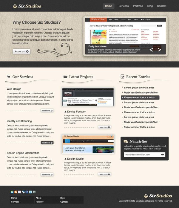 Screenshot of Six Studios website design featuring sections for company information, services, projects, blog entries, and newsletter subscription, with a clean and professional layout.