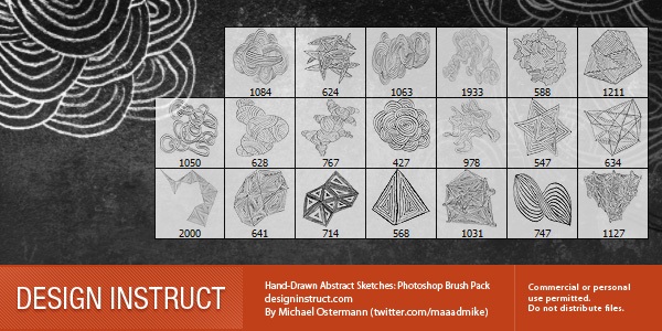 A collection of hand-drawn abstract sketches presented as a Photoshop brush pack by Michael Ostermann, with various geometric and organic patterns, available for commercial or personal use.