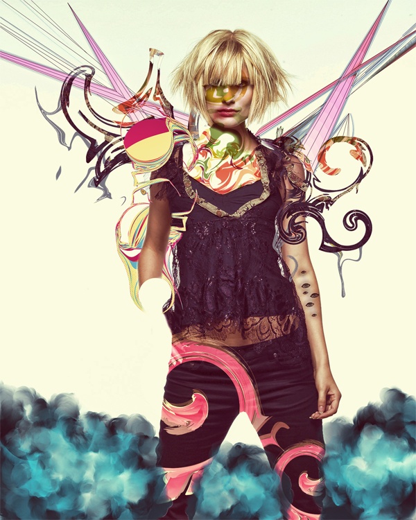 A person with a short blonde hairstyle and a black lace top stands confidently with abstract digital artwork obscuring their eyes and surrounding them with vibrant colors and shapes, set against a stylized blue smoke at the bottom.