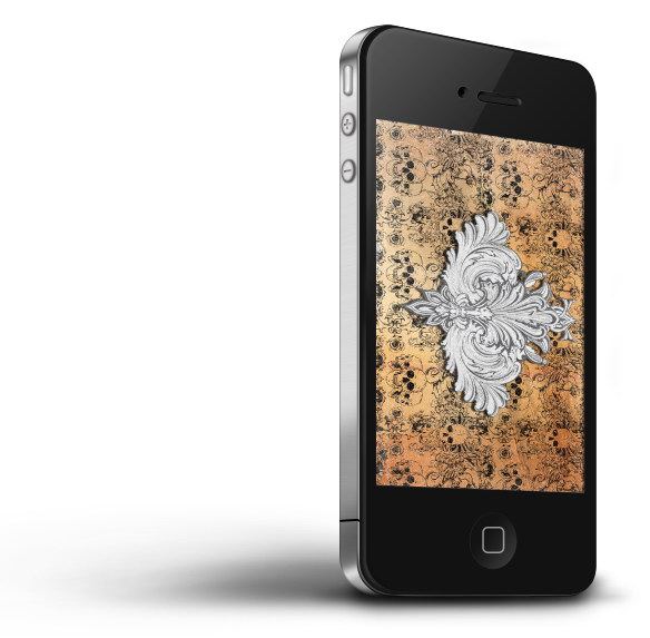 A smartphone displaying an artistic design with mechanical gears and a central white ornamental flourish on a rust-textured background.