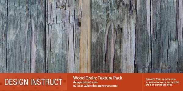 Close-up of a weathered wood grain texture in shades of brown and gray, with overlay text about the Wood Grain Texture Pack by Isaac Gube from designinstruct.com, indicating royalty-free use.