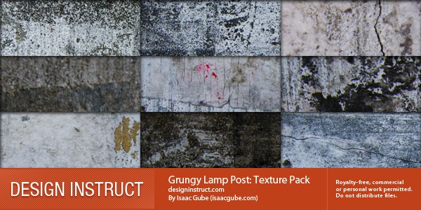 A collection of ten grungy lamp post textures in various states of wear, with a banner for Design Instruct indicating the texture pack is by Isaac Gube and for royalty-free use.