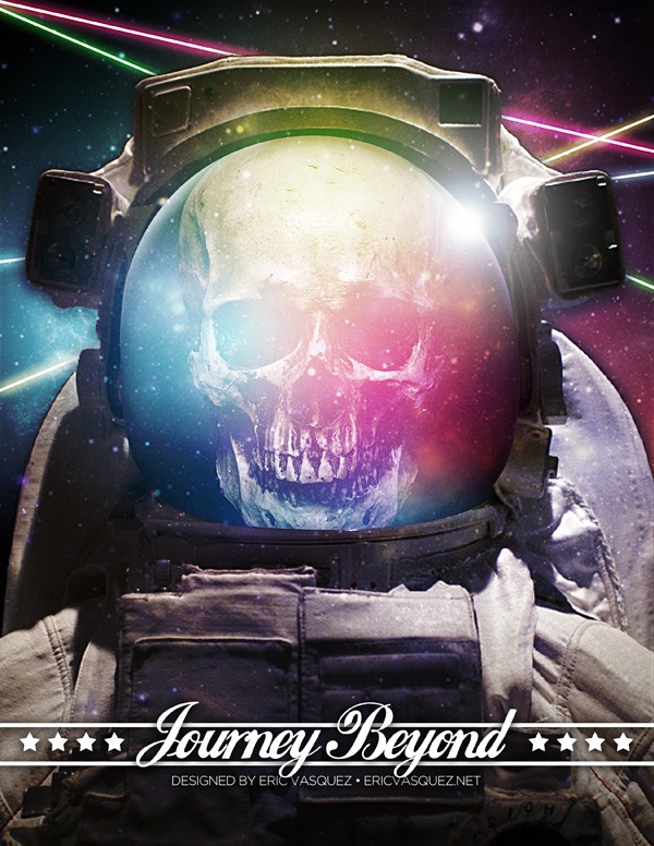 A graphic image of an astronaut suit with a skull inside the helmet against a cosmic background with the text 'Journey Beyond' and a design credit.