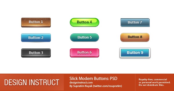 Nine glossy web buttons in different colors labeled from Button 1 to Button 9, with a credit to DESIGN INSTRUCT and designer Supratim Nayak for creating slick modern button designs.