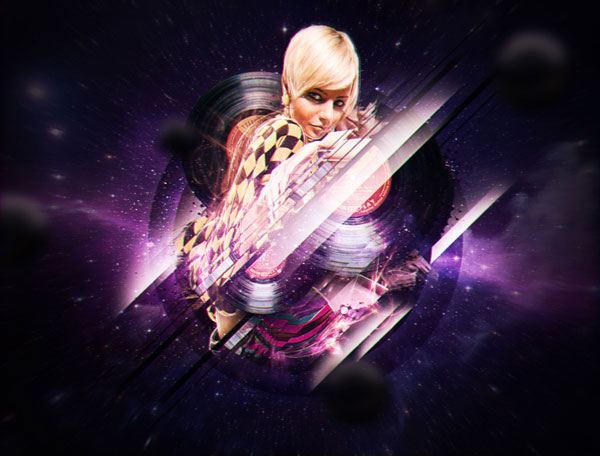 A stylized image of a woman with short blonde hair, wearing a checkered top and pink accents, superimposed over a cosmic background with swirling galaxies and vinyl records. The image has a dynamic, abstract feel with diagonal lines suggesting motion.