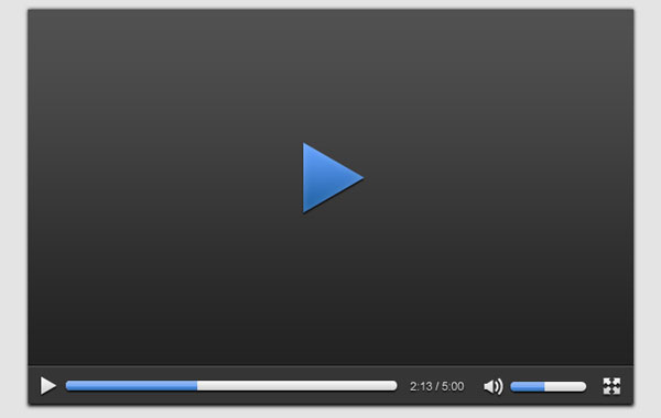 Media player interface with a central play button, progress bar indicating 2 minutes and 13 seconds of 5 minutes, volume control, and settings options.