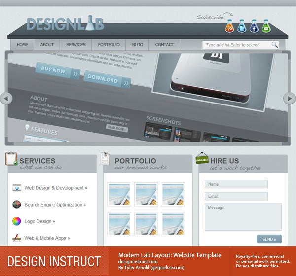 Screenshot of DESIGNLAB website template with navigation bar, tablet image on banner, sections for About, Services, Portfolio, and a Hire Us contact form, designed by Tyler Arnold.