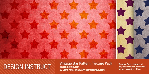 A collection of vintage star patterns in various colors including gradients of red, yellow, purple, and blue, with a note about the texture pack being royalty-free by Clara Panacchia.