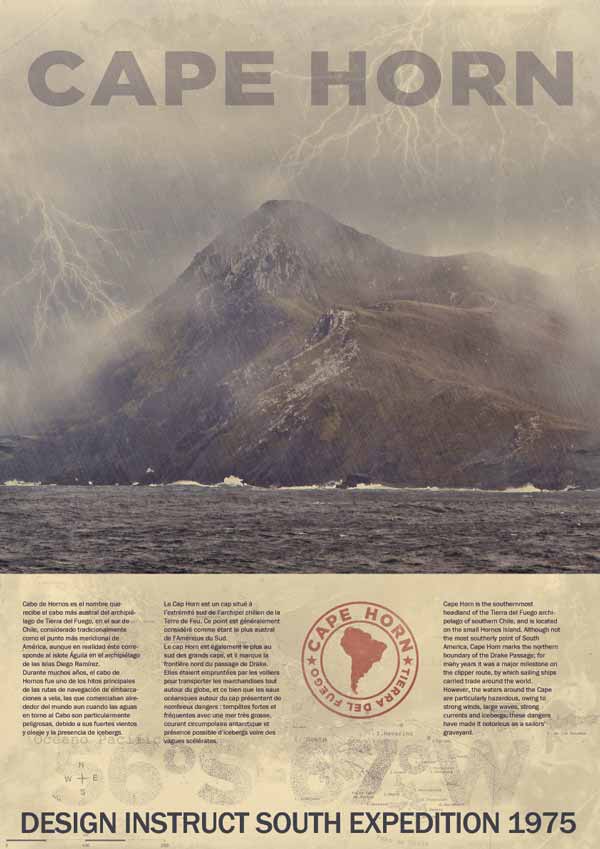 Vintage poster of Cape Horn with a stormy seascape, lightning in the sky, and a red expedition stamp, titled 'DESIGN INSTRUCT SOUTH EXPEDITION 1975'.