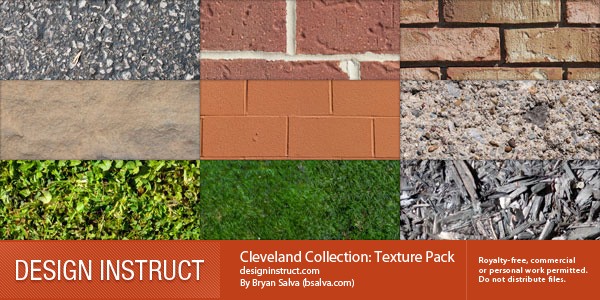 A collage of six different textures including grass, asphalt, wood plank, smooth red brick, rustic brick, and dry leaves, labeled as the Cleveland Collection: Texture Pack by Bryan Salva.