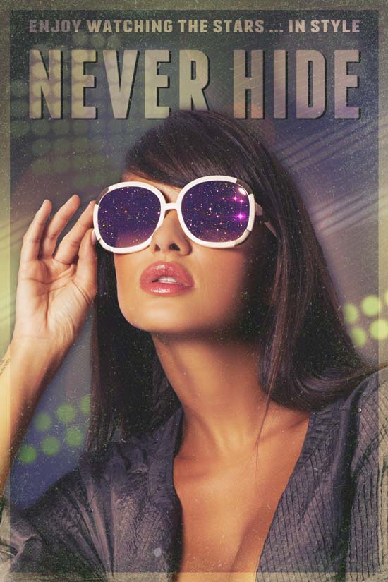 A woman with dark hair and red lipstick holding oversized sunglasses reflecting a starry sky, with text 'ENJOY WATCHING THE STARS... IN STYLE' and 'NEVER HIDE'.