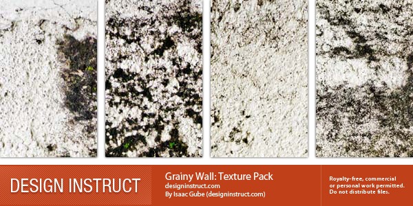 A set of four grainy wall textures presented in vertical panels with the title 'Grainy Wall: Texture Pack' by Isaac Gube from designinstruct.com, indicating royalty-free usage.