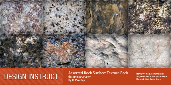 A collection of six assorted rock surface textures for design use, with credits to the creator and a note on usage rights.