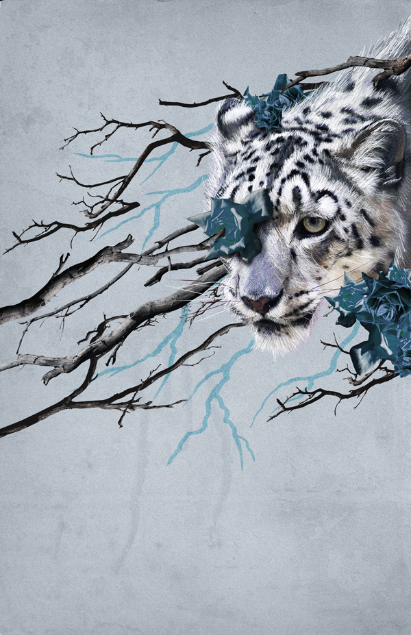 Artistic depiction of a snow leopard's face blending with tree branches and blue leaves on a textured grey background.