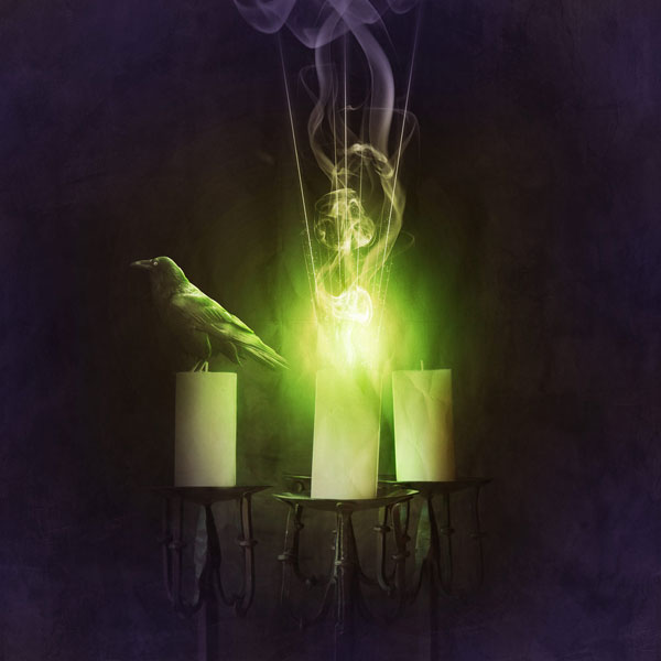 A raven perched on a lit candle with two other candles on a candelabra, emitting a green glow with smoke forming a skull shape against a dark purple background.