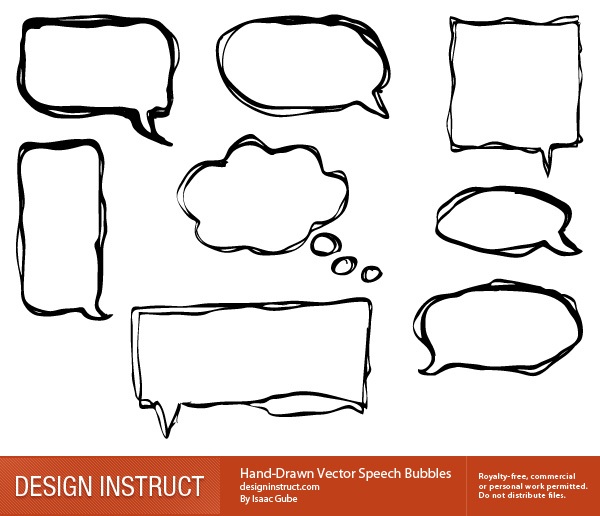 A collection of nine hand-drawn vector speech bubbles in various shapes on a white background, credited to Isaac Gube from DESIGN INSTRUCT, with a note about royalty-free use.