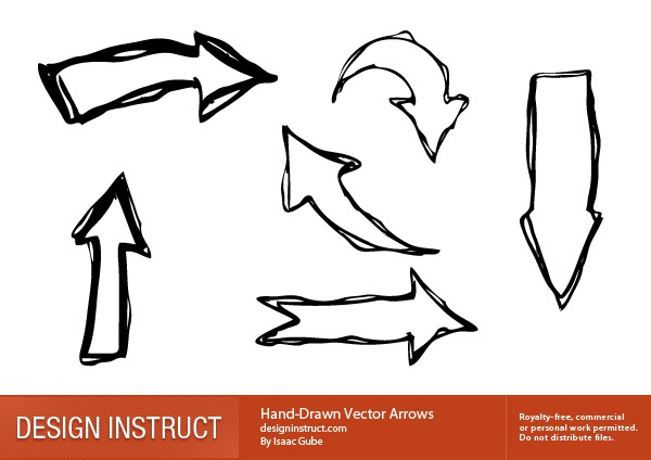 A collection of seven hand-drawn vector arrows in different styles and directions, with text indicating they are royalty-free and created by Isaac Gube for Design Instruct.