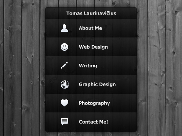 Vertical navigation menu with the name Tomas Laurinavičius at the top, followed by menu items for About Me, Web Design, Writing, Graphic Design, Photography, and Contact Me, each with corresponding icons.