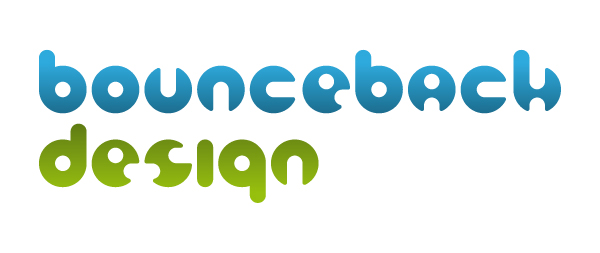 Logo with the words 'bounceback design' in lowercase playful letters, 'bounceback' in blue and 'design' in green.