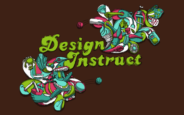 A colorful and abstract illustration surrounding the stylized text 'Design Instruct' on a brown background.