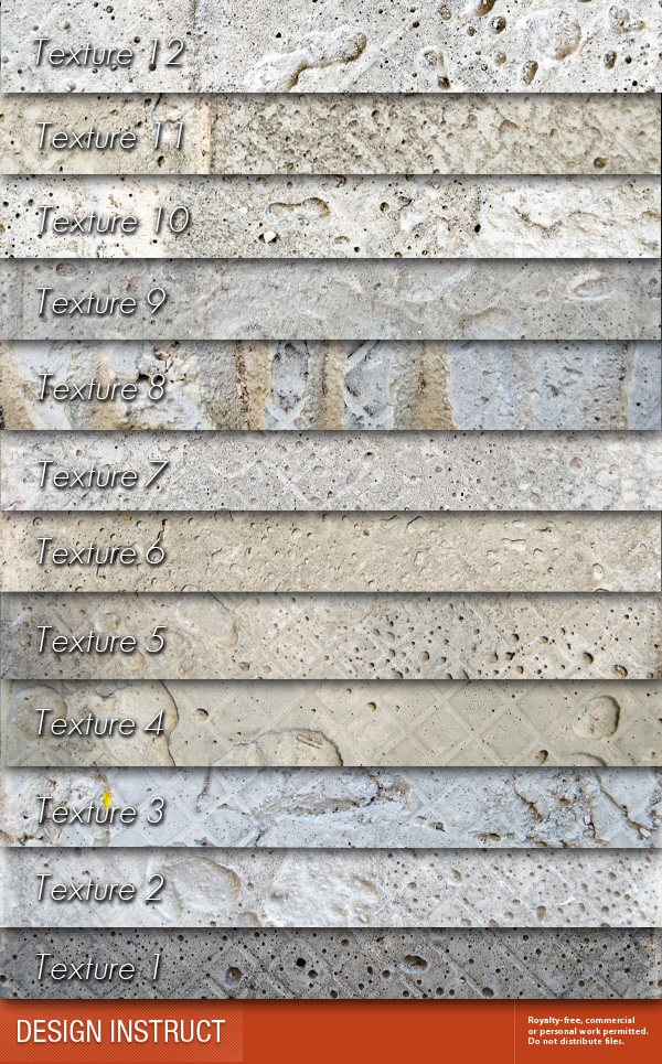 A compilation of twelve labeled concrete texture samples, numbered 1 to 12, showcasing a variety of patterns and consistencies, with a credit to DESIGN INSTRUCT and a royalty-free usage notice.