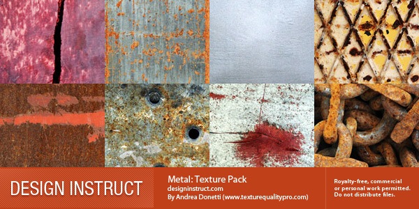 A collection of eight metal textures with various states of rust and corrosion, including red, blue, silver, and brown surfaces, some with holes or patterns, and a pile of rusted chains, presented as a texture pack by DESIGN INSTRUCT and Andrea Donetti.