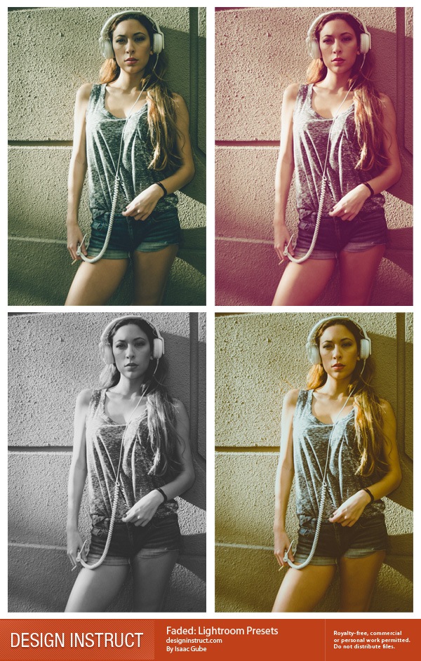 Four variations of a photo showing a woman with headphones leaning against a wall, each with a different Lightroom preset effect: sepia, warm vintage, black and white, and cool faded.