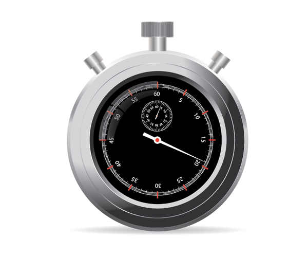 Illustration of a silver stopwatch with a black face, red and white second markers, and a red hand pointing at the 10-second mark.