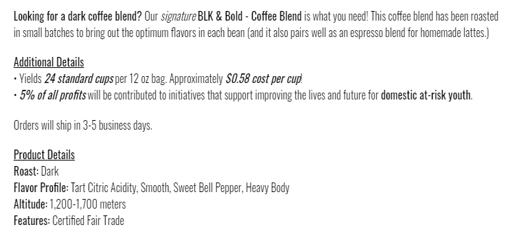 Product description for coffee product from BLK & Bold