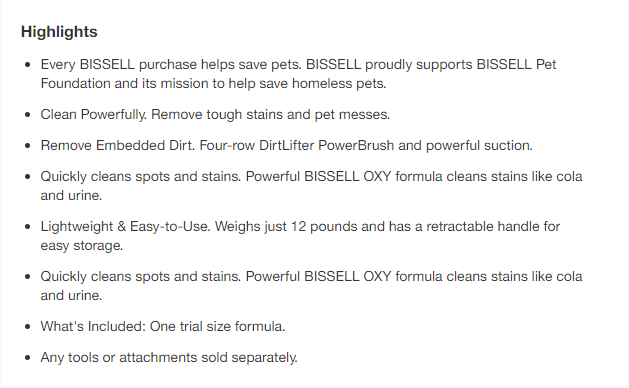 Product description for a Bissell pet vacuum 