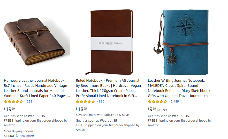 Three leather-bound notebooks on Amazon