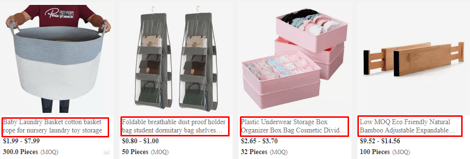 Product title for fabric bins on Alibaba