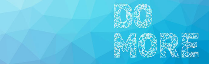 Stylized text 'DO MORE' with a mesh-like design on a blue geometric gradient background.