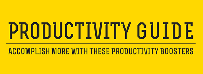 Yellow background with text 'PRODUCTIVITY GUIDE' at the top and 'ACCOMPLISH MORE WITH THESE PRODUCTIVITY BOOSTERS' below.