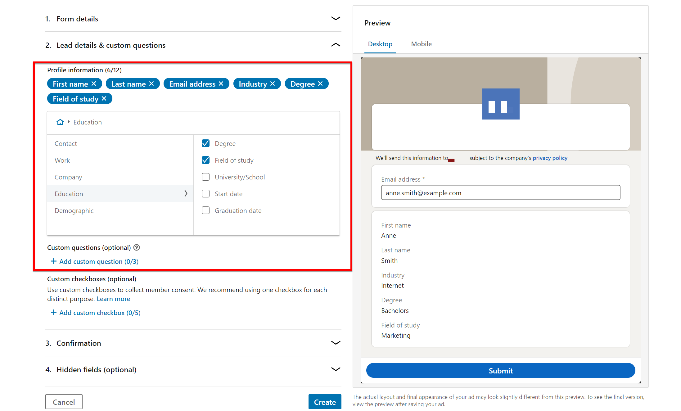 lead gen form profile information